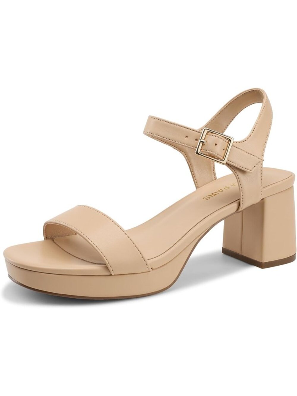 Women's Nude Faux Leather Fashion Open Square Toe Ankle Strap Chunky Heel Sandal
